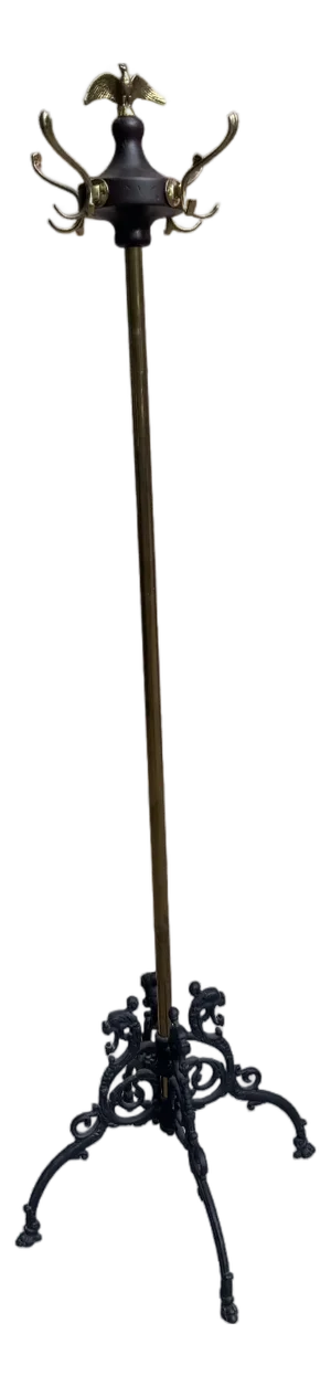 Antique Victorian Federal Style Brass, Wood, and Wrought Iron Coat Rack With Eagle Finial