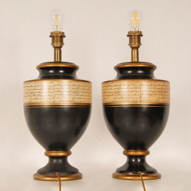 Black Vintage French Lamps Ceramic Baluster Vase Lamps Black Gold Cream - A Pair For Sale - Image 8 of 10