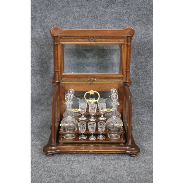 Rare Walnut Case French Etched Glass 18-piece decanter and Cordial Tantalus Set - 18 Pieces For Sale - Image 4 of 11