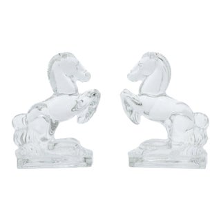 Vintage Clear Crystal Glass Rearing Horse Bookends - A Pair For Sale