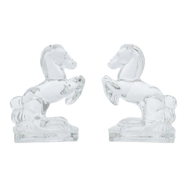 Vintage Clear Crystal Glass Rearing Horse Bookends - A Pair For Sale
