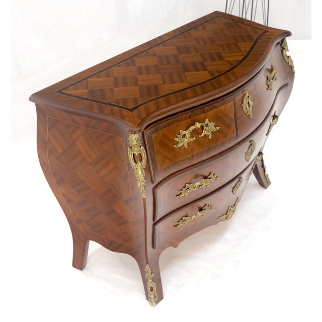 Wood Bombe French Parquetry Top Bronze Mount Ormolu Mount 3 Drawers Dresser MINT For Sale - Image 7 of 17