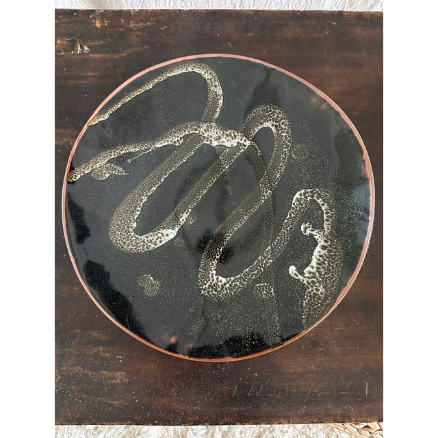 Vintage 1970’s 13” Signed Handmade Glazed Concave Shallow Bowl in Olive, Brown, Deep Terracotta & Off White For Sale - Image 9 of 16
