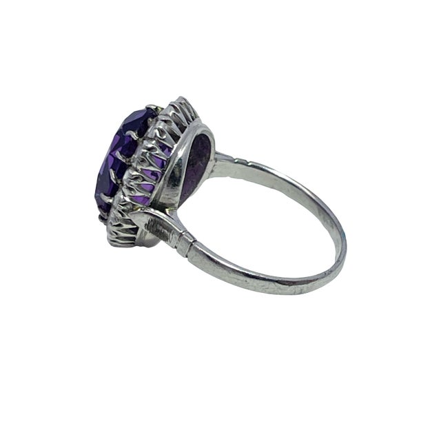 Purple Mid 20th Century 10k White Gold Oval Amethyst and Diamond Halo Ring, Size 6.5 For Sale - Image 8 of 9