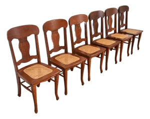 Limbert Style Antique Arts & Crafts Carved Oak and Cane Dining Chairs, Set of Six