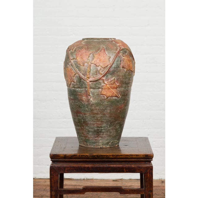 Vintage Thai Garden Vase with Vine Leaves Motifs, Orange and Green Tones For Sale - Image 11 of 13