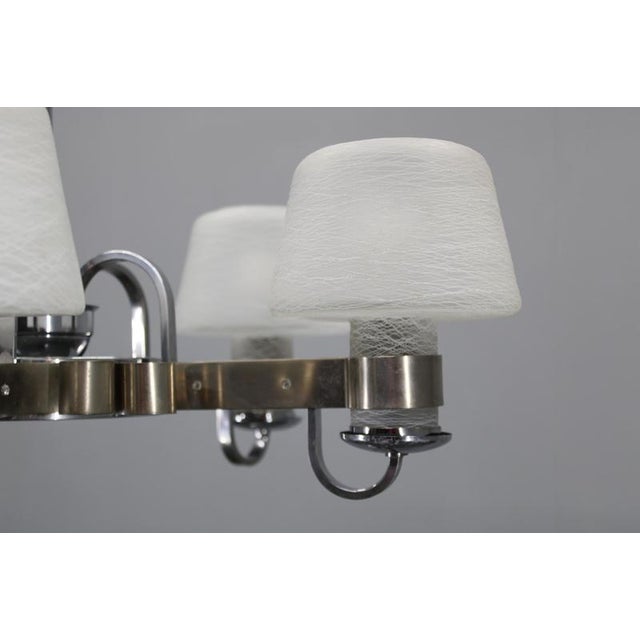 Metal Art Deco Nickel Chandelier with Textured Glass, Czechoslovakia, 1930s For Sale - Image 7 of 17