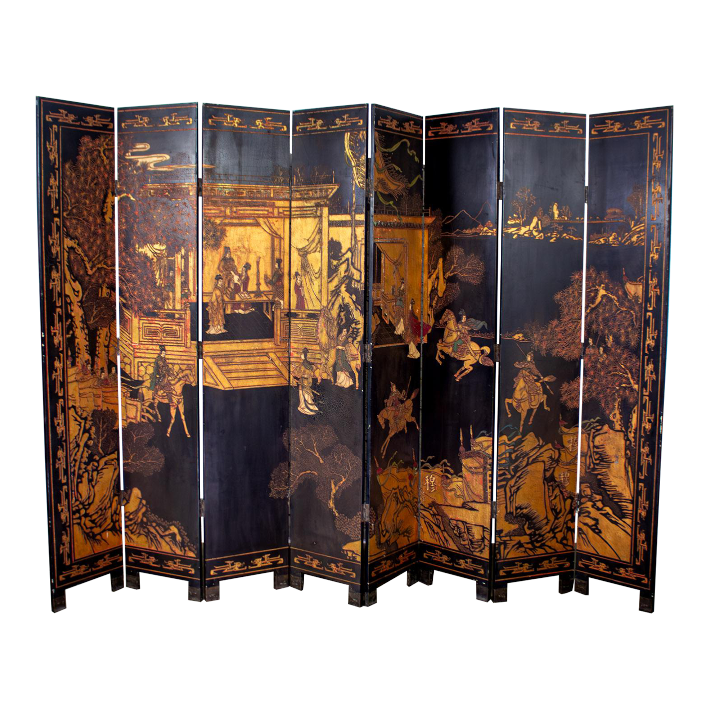 Chinese 8 Panel Black Coromandel Folding Screen W/Gilded & Hand