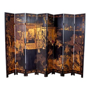 Chinese 8 Panel Black Coromandel Folding Screen W/Gilded & Hand Painted Intaglio Designs