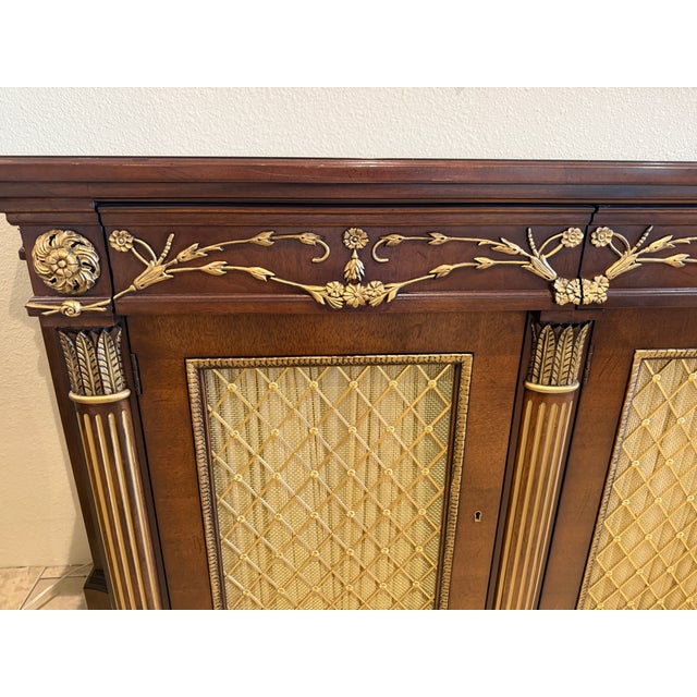 2010s Regency Mahogany Inlaid Credenza W/Brass Grill Inset Doors For Sale - Image 5 of 18