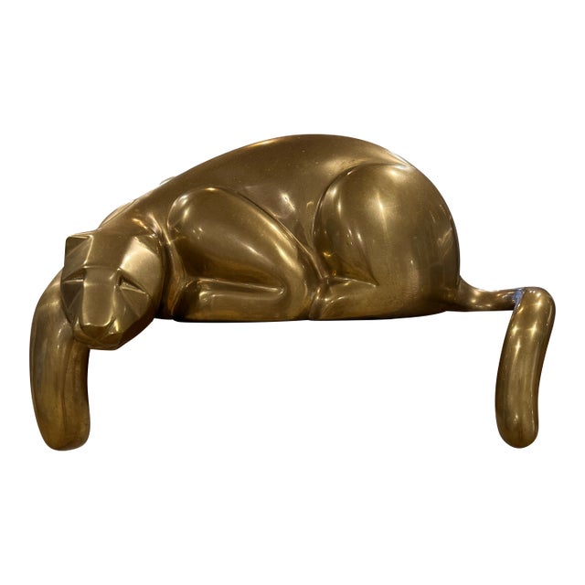 1980 Large 16” Dolbi Cashier Brass Reclining Panther Sculpture – Signed With Original Sticker For Sale