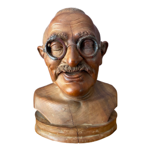Late 20th Century Rare Hand-Carved Balinese Wooden Bust of Mahatma Gandhi by I Gede Nonda, Denpasar Bali