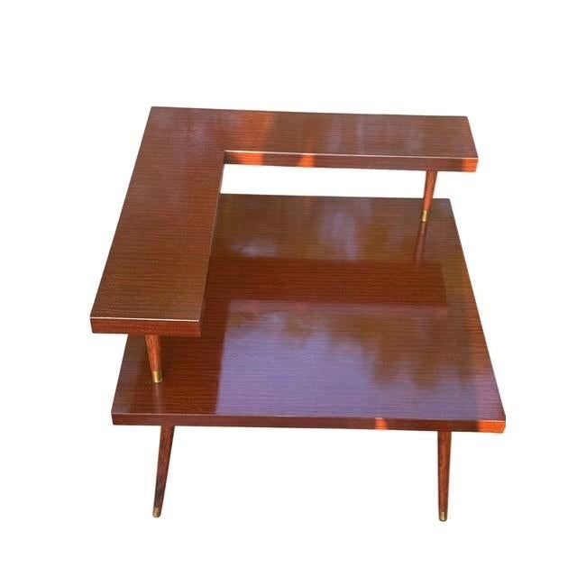 Mid-Century Modern Vintage Mid-Century Modern Architectural Two-Tier Floating Shelf Occasional Table With Walnut Finish & Brass Ferrules For Sale - Image 3 of 9