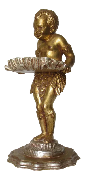 Vintage Hollywood Regency Italian Venetian Carved Gilt Gold & Silver Burnished Figurine, Accent With Carved Grotto Shell