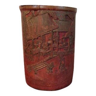 Antique 19th Century Chinese Carved Wood Bamboo Brush Pot or Vase With Red Finish For Sale