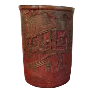 Antique 19th Century Chinese Carved Wood Bamboo Brush Pot or Vase With Red Finish