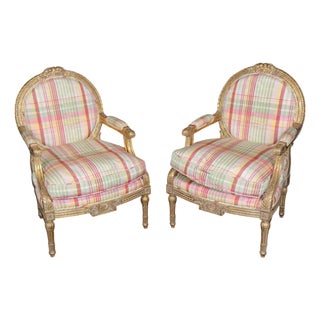 Pair of Louis XVI Style Gilt Carved Arm Chairs With Plaid Upholstery For Sale