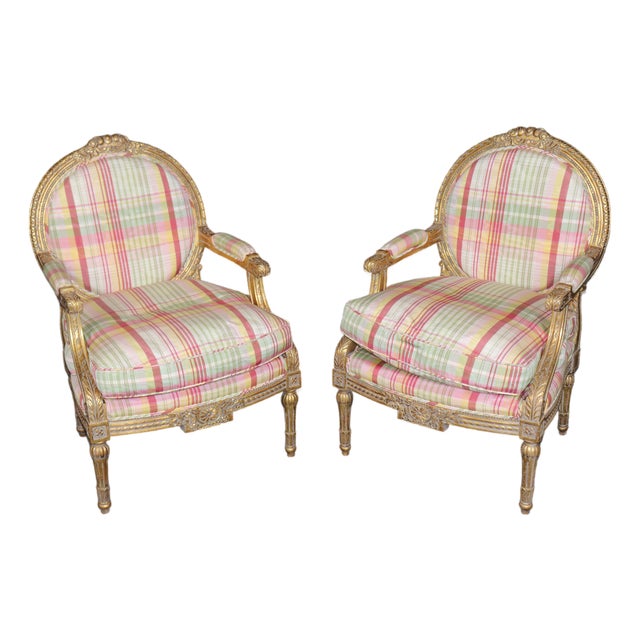 Pair of Louis XVI Style Gilt Carved Arm Chairs With Plaid Upholstery For Sale