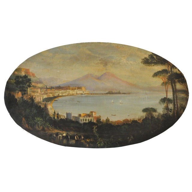 View of naples - oil on oval canvas cm.30x50 by ettore ferrante, italy 2004 gold gilded wooden frame cm.48x68 in this...