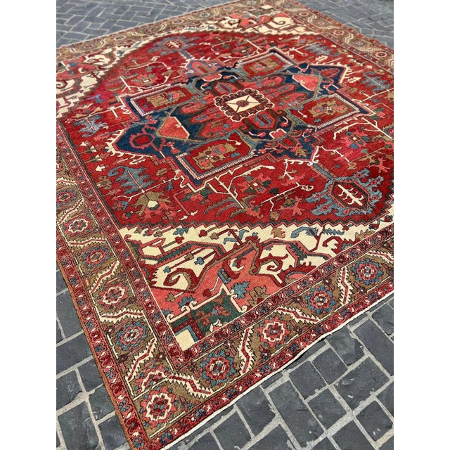 Folk Art Antique Red & Blue Heriz Rug Rare Square Size For Sale - Image 3 of 8