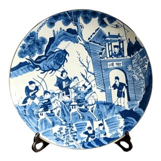 Chinese Ceramic Plate,Qianlong Marked Blue and White Porcelain Plate Hand Painted Figures Story Pattern For Sale