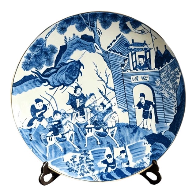 Chinese Ceramic Plate,Qianlong Marked Blue and White Porcelain Plate Hand Painted Figures Story Pattern For Sale