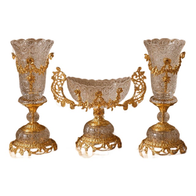 Luxury Gold-Plated Crystal & Ormolu Garniture Set of 3 For Sale