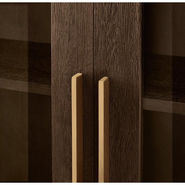 Restoration Hardware Rh Machinto Glass Cabinet in Brown Oak With Burnished Brass — Like New For Sale - Image 4 of 7