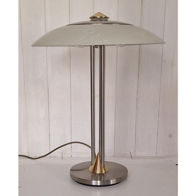 Vintage Table Lamp in Bicolor Metal, Brass and Stainless Steel with White Marbled Glass Shade from Hustadt-Leuchten,...