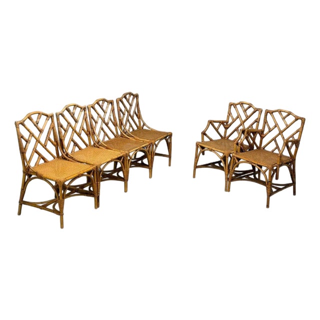 Dal Vera, Italian Modern, Bamboo, Cane, Six Dining Chairs, Italy, 1950s For Sale