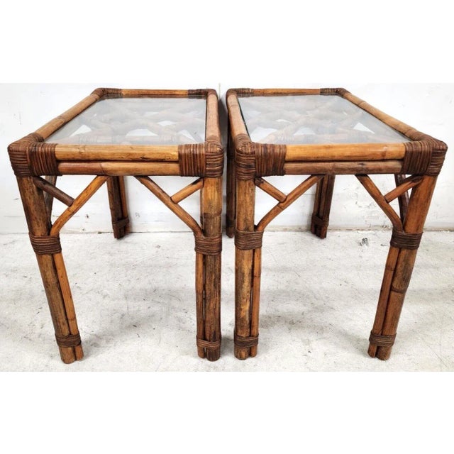French Bamboo Rattan Glass Side End Tables 1960s - a Pair For Sale - Image 11 of 12