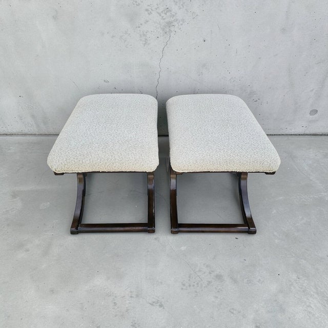 Hollywood Regency Pair of Thomasville Sculptural Wood Ottomans With New Bouclé Upholstery For Sale - Image 3 of 7