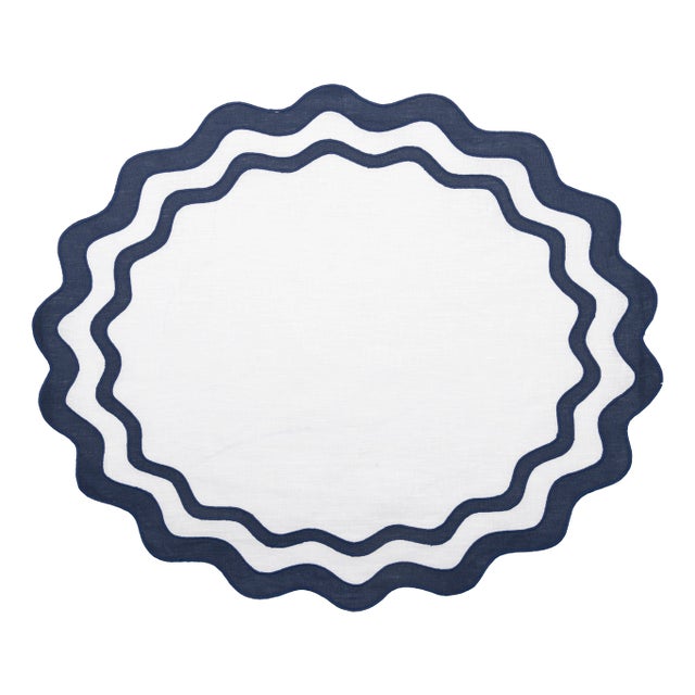 OLAS White and Navy Linen Placemat from Los Encajeros For Sale