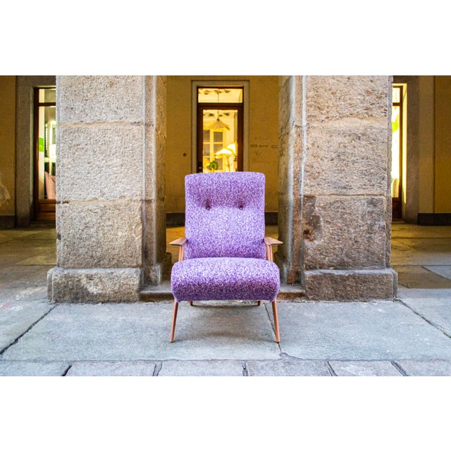 Armchair with solid wood frame and fabric-covered padding. Reupholstered. Manufacturer: Guglielmo Veronesi 1950s I have...