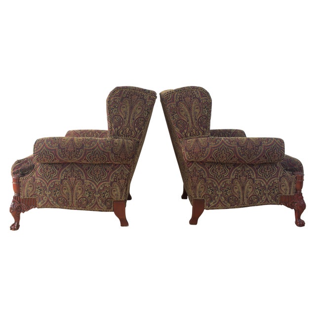 Queen Anne Pair, Councill Wingback Chairs With Carved Apron, Legs, and Paisley Pattern, Late 20th Century For Sale - Image 3 of 6