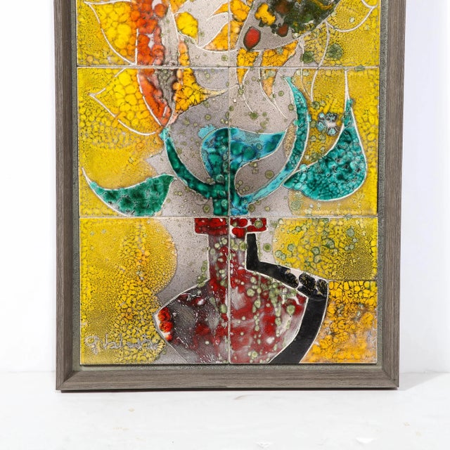 Yellow Modernist Ceramic Tile Wall Plaque of Sunflowers Signed Gilbert Valentin For Sale - Image 8 of 13