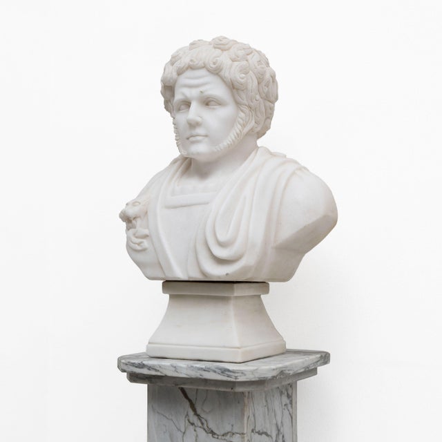 A refined Carrara marble bust depicting a young Roman emperor, crafted with meticulous attention to detail and inspired by...