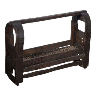 Antique Indian Tribal Carved-Wood Infant Cradle With Woven Bed, Circa 1900 For Sale