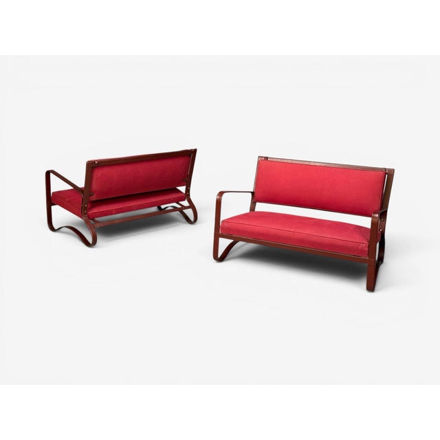 Metal Jacques Adnet, Rare Two Seater Sofas, Leather, Steel, France, 1950s For Sale - Image 7 of 15