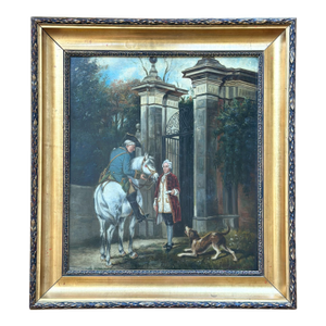 Figures at the Gate With Horse and Hound, 19th Century Continental School, Framed