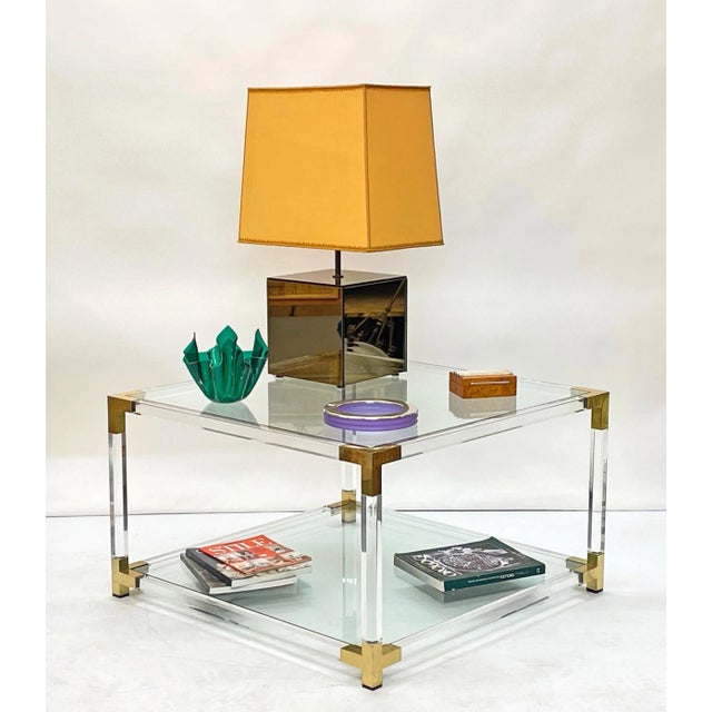 Italian Hollywood Regency Acrylic, Brass & Glass Square Cocktail Table, 1970s For Sale - Image 9 of 18