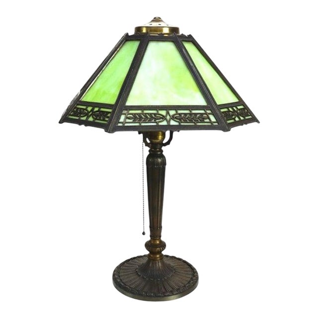 Arts & Crafts Pittsburg 8-Panel Slag Glass Table Lamp Signed C1920 For Sale