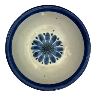 Vintage Folk Art Blue Floral Hand Painted Bowl by El Palormar For Sale