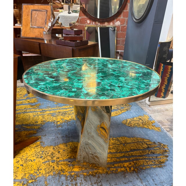 Gemstone Contemporary Round Malachite Stone Top Dining Table With Solid Brass Base For Sale - Image 7 of 8