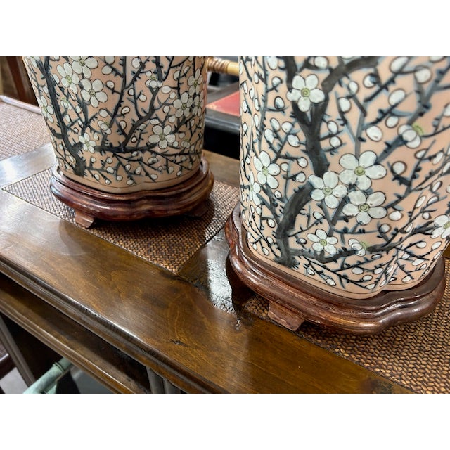 Vintage Pink Porcelain Cherry Blossom Lamps, a Pair For Sale - Image 10 of 11