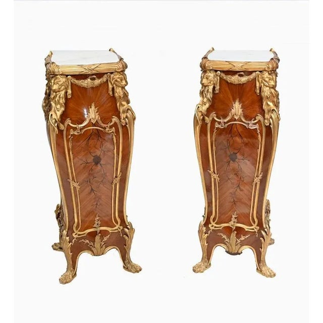 French Empire Tall Tables Linke Pedestal Stands with Inlay Gilt, Set of 2 For Sale - Image 10 of 10