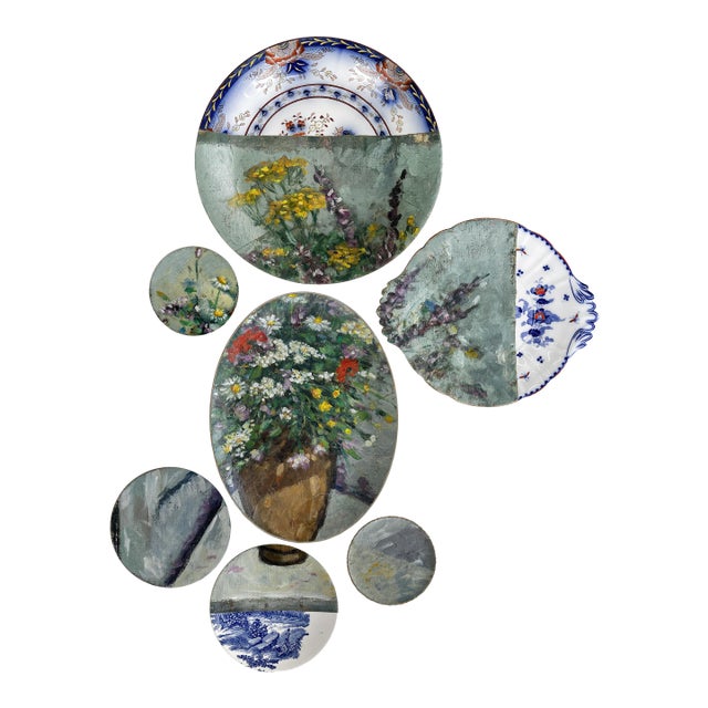 "Meadow Flowers in Brown Vase" Contemporary Installation of Ceramic Plates and Oil on Canvas - Set of 7 For Sale