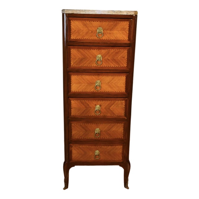 1900s Antique French Louis XV Walnut Inlaid & Marble Top Lingerie Stand For Sale