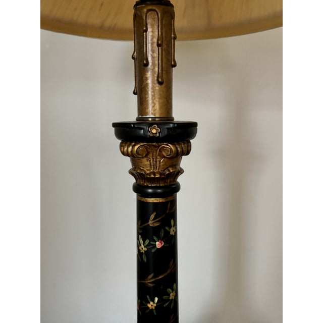 Mid 20th Century Black and Gold Neoclassical Style Column Lamp With Painted Florals For Sale - Image 4 of 12