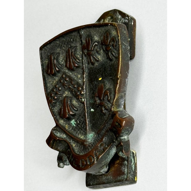 British Cheddar Bronze Door Knocker Heraldic Coat of Arms Shield Fleur De Lys C1925 For Sale - Image 4 of 18